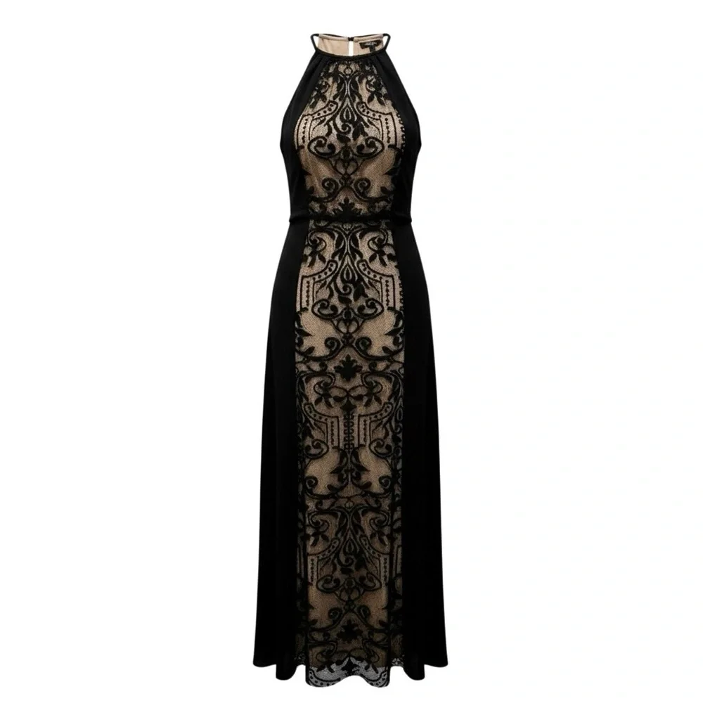 London Times Black Nude Lace Chiffon Halter Maxi Evening Gown – Size 6 - Picture 1 of 14